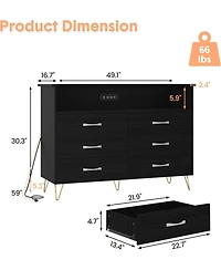 gaomon 6 Drawer Dressers for Bedroom,Dresser with Led Lights Power Outlet,6-Drawer Wooden Chest 2-Tier Open Shelf