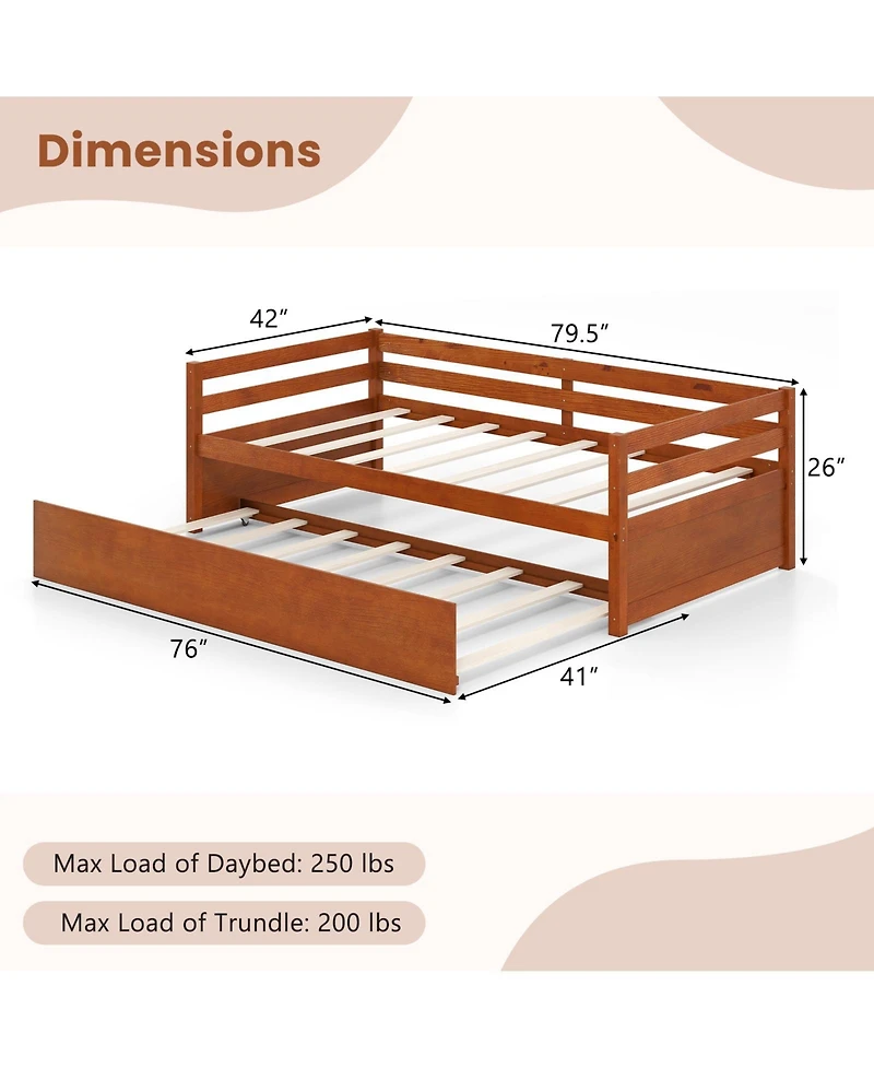 Slickblue Twin Size Trundle Platform Bed Frame with Wooden Slat Support