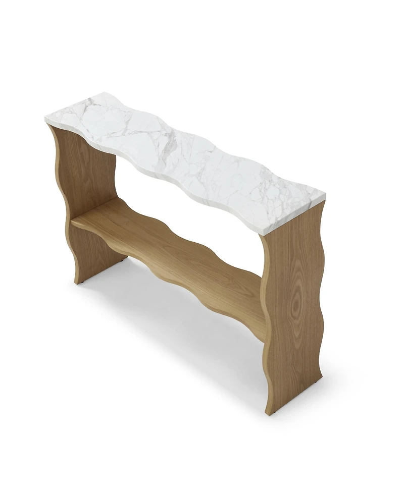 Boyel Living 47.24" Whisper of Waves Modern Console Table w/ Marble-Pattern Top, Solid Wood Veneered Open Storage Shelf, Entryway