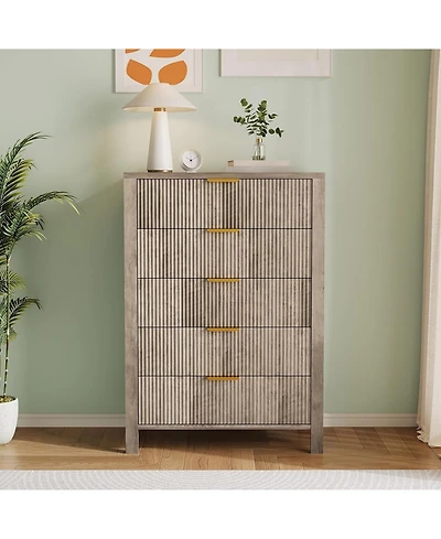 gaomon Fluted 5 Drawer Dresser, 45 Tall Slim Dresser for Small Spaces, Modern Farmhouse Wooden Chest of Drawers Bedroom Nursery Apartment, Easy