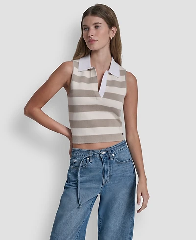 Dkny Jeans Women's Striped Sleeveless Polo Sweater