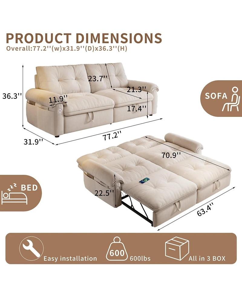 Boyel Living Multifunctional Sofa Bed, 77-inch Modern Velvet Fabric Convertible Sofa Couches, 2-in-1 Pull Out Sofa Bed with Usb Charger, Beige