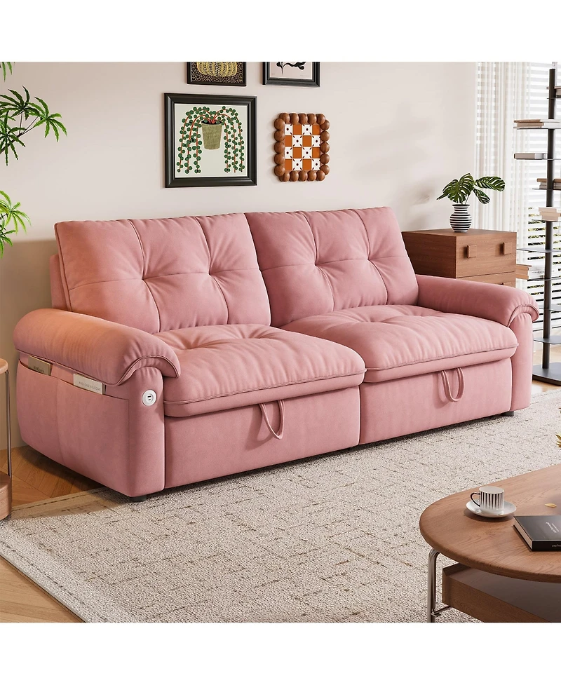 Boyel Living Multifunctional Sofa Bed, 77-inch Modern Velvet Fabric Convertible Sofa Couches, 2-in-1 Pull Out Sofa Bed with Usb Charger, Beige