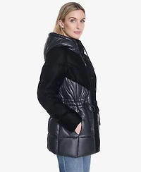 Women's Varna Velvet Mixed Quilted Puffer Jacket Within Attached Hood