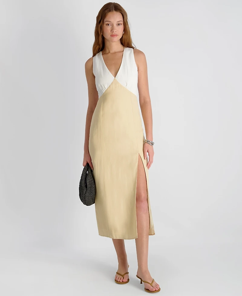 French Connection Women's Cooper Linen Contrast V-Neck Midi Dress