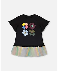Deux par Deux Big Girls ganic Cotton Tunic Black with Mesh Frill