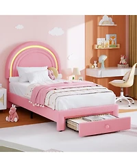 gaomon Twin Led Bed Frame with Storage Drawer, Rainbow Headboard, Fleece Princess Platform for Kids, Wood Slats, No Box Spring, Pink