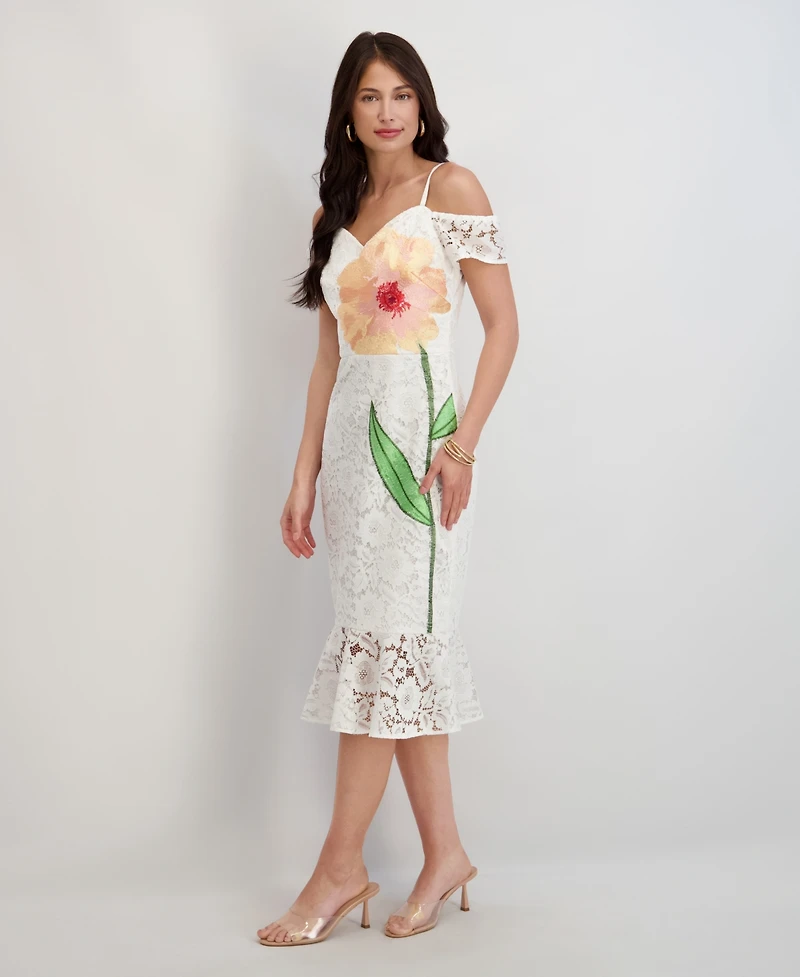 Siena Women's Embroidered Lace Sweetheart Neck Midi Dress