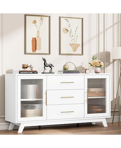 Gaomon 56" Large Sideboard Buffet with Drawer, Buffet Storage Cabinet with Adjustable Shelves and Fluted Glass Door, Modern Coffee Bar Cabinet
