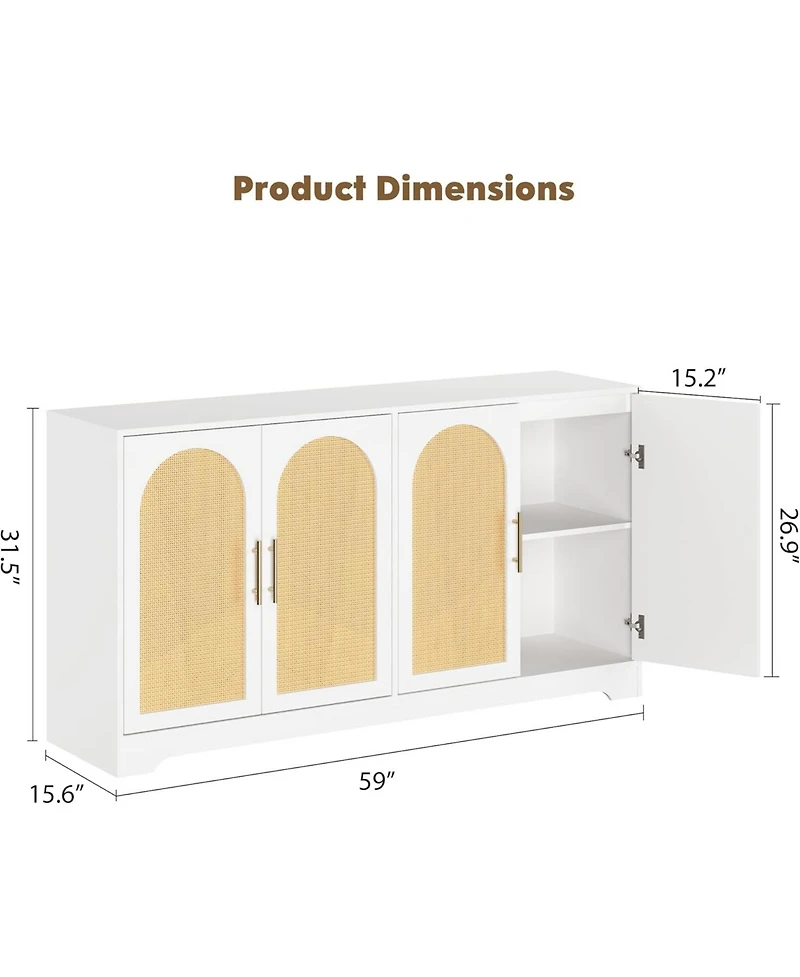 gaomon 59" Sideboard Buffet Cabinet with 4 Rattan Doors, Modern Credenza Coffee Bar for Living Room