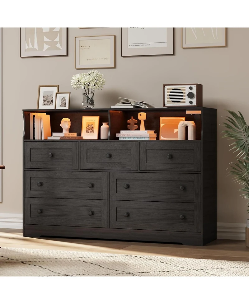 gaomon 7-Drawer Dresser with Led Lights & Charging Station, Wooden Chest with Open Storage for Bedroom