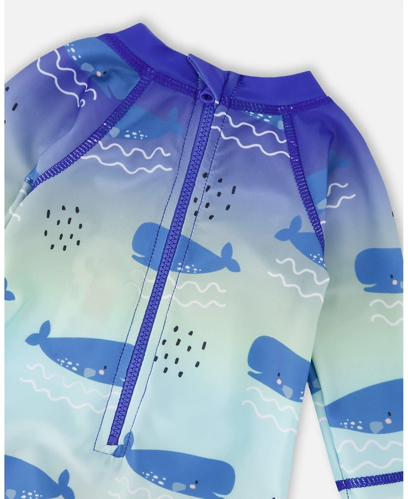 Deux par Deux Baby Boys One-Piece Long Sleeve Rashguard Blue Whale Print