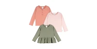 Gerber Toddler Girls 3-Pack Long Sleeve Shirts, Green/Pink/Coral, 4T