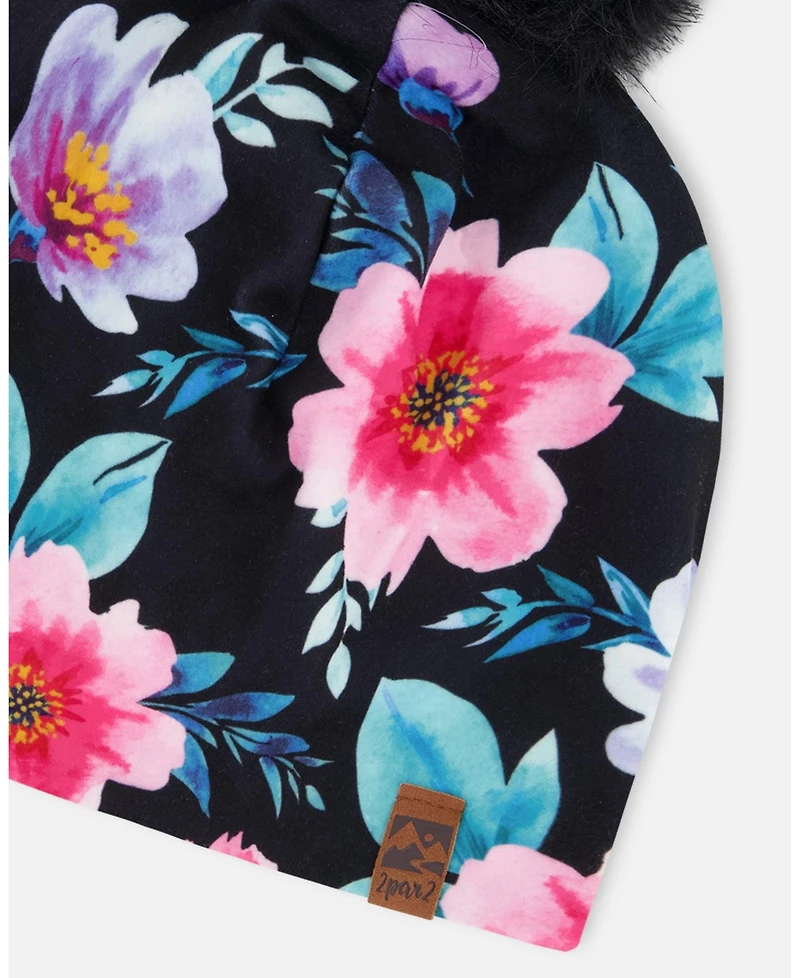 Deux par Deux Baby Girls Stretch Jersey Hat Black Printed Flowers with Pompom