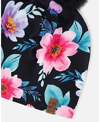 Deux par Deux Baby Girls Stretch Jersey Hat Black Printed Flowers with Pompom