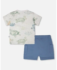 Deux par Baby Boys Jersey T-Shirt and Cotton Shorts Set Grey Mix Turtle Print