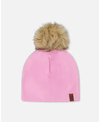 Deux par Deux Baby Girls Stretch Jersey Hat Pink with Pompom