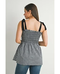 Hello Miz Women's Maternity Smocked Gingham Tie-Strap Sleeveless Top