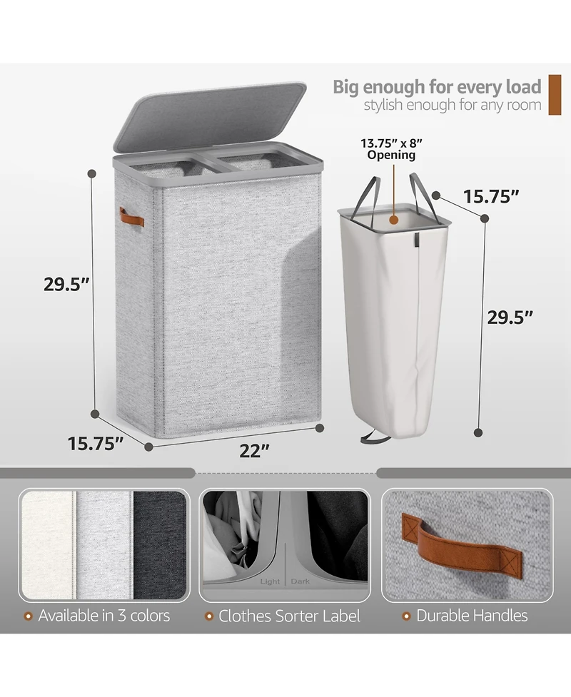 Sorbus 2-Compartment Laundry Basket with Removable Laundry Bag - Durable Organizer for Bathroom, Bedroom, or Laundry Room - Space Saving Design