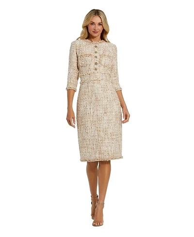 Mac Duggal Petite Beaded Trim Boucle Midi Dress with 3/4 Sleeves