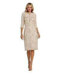 Mac Duggal Petite Beaded Trim Boucle Midi Dress with 3/4 Sleeves