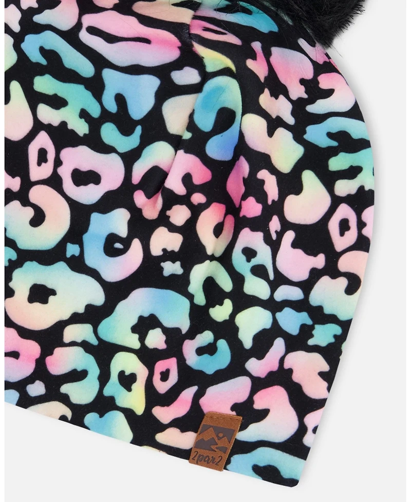 Deux par Deux Baby Girls Stretch Jersey Hat Black Animal Print with Pompom