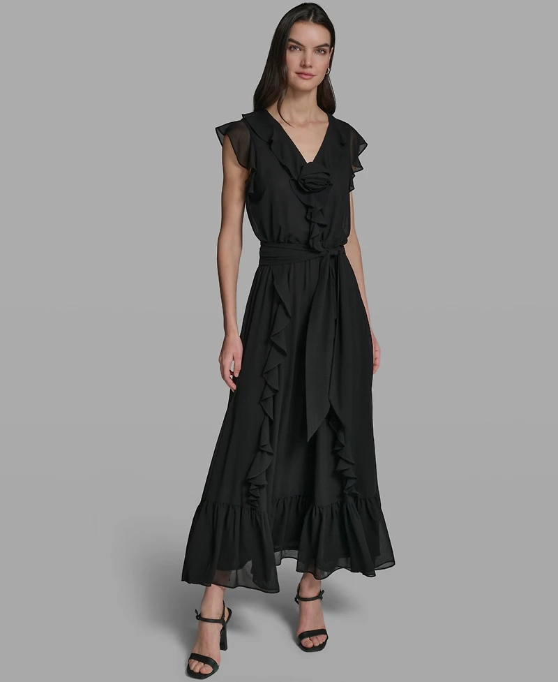 Karl Lagerfeld Paris Women's V-Neck Ruffle Trim Dress