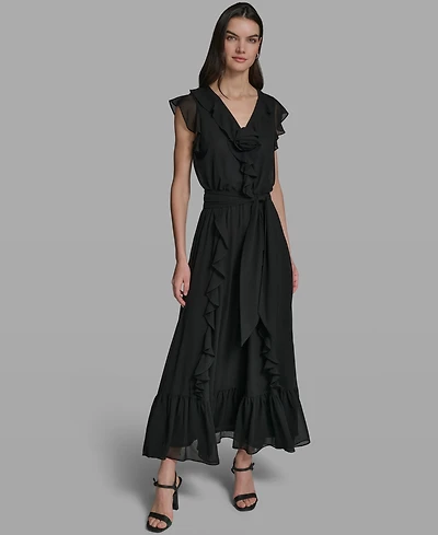 Karl Lagerfeld Paris Women's V-Neck Ruffle Trim Dress