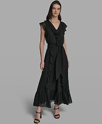 Karl Lagerfeld Paris Women's V-Neck Ruffle Trim Dress