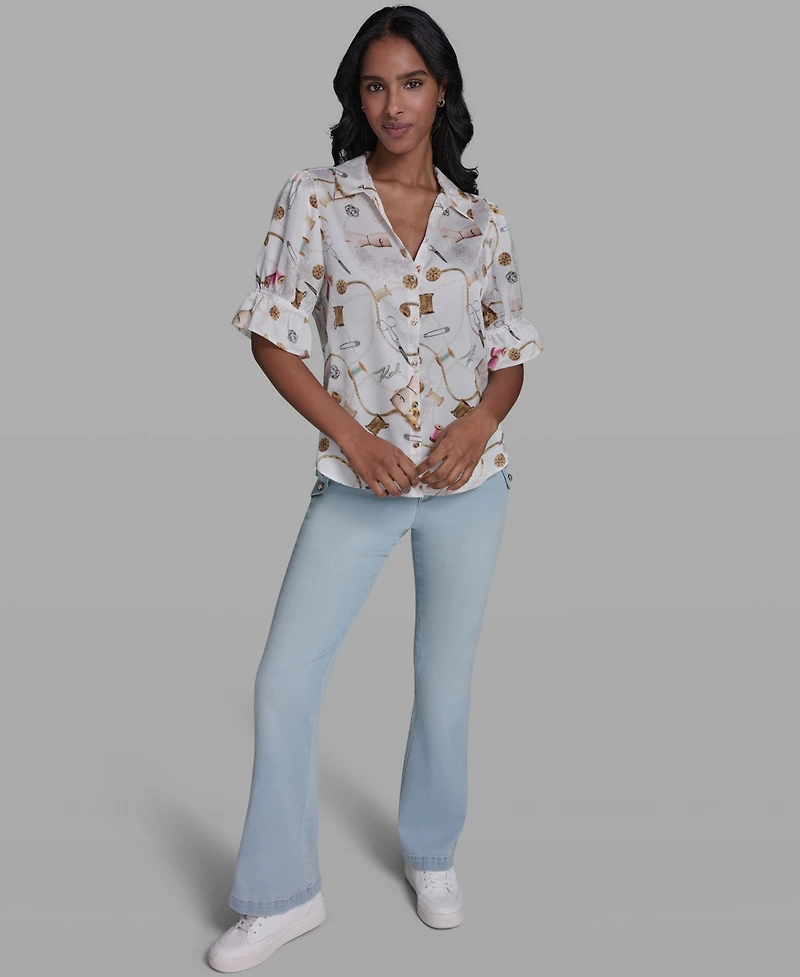 Karl Lagerfeld Paris Women's All-Over Printed Button Front Blouse