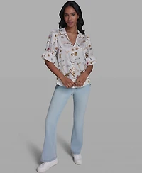 Karl Lagerfeld Paris Women's All-Over Printed Button Front Blouse