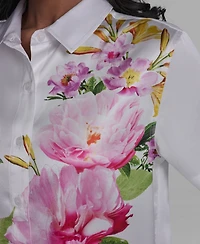 Karl Lagerfeld Paris Women's Short-Sleeve Floral Collared Shirt