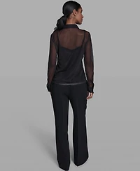 Karl Lagerfeld Paris Women's Placed Floral Mesh Collared Shirt