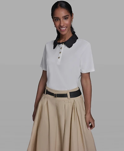 Karl Lagerfeld Paris Women's Collared Short-Sleeve Blouse Top