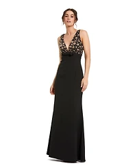Mac Duggal Petite Crepe Sleeveless Beaded V Neck Gown With Bow