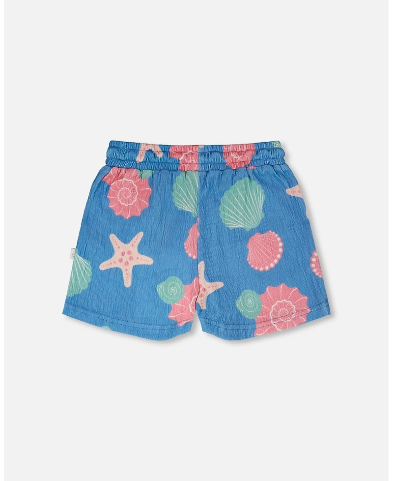 Deux par Deux Toddler Girls Crinkle Jersey Shorts Blue Shell Print