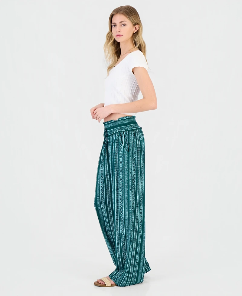 Kingston Grey Juniors' Smocked-Waist Printed Wide-Leg Pants