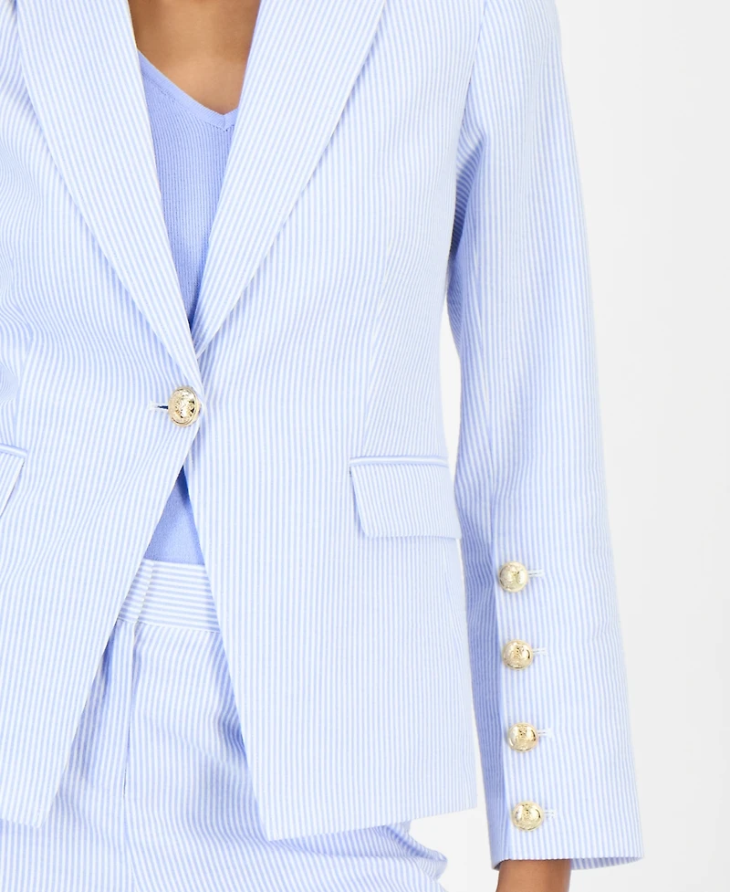Tahari Asl Women's Seersucker Stripe Cotton One-Button Blazer