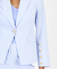 Tahari Asl Women's Seersucker Stripe Cotton One-Button Blazer