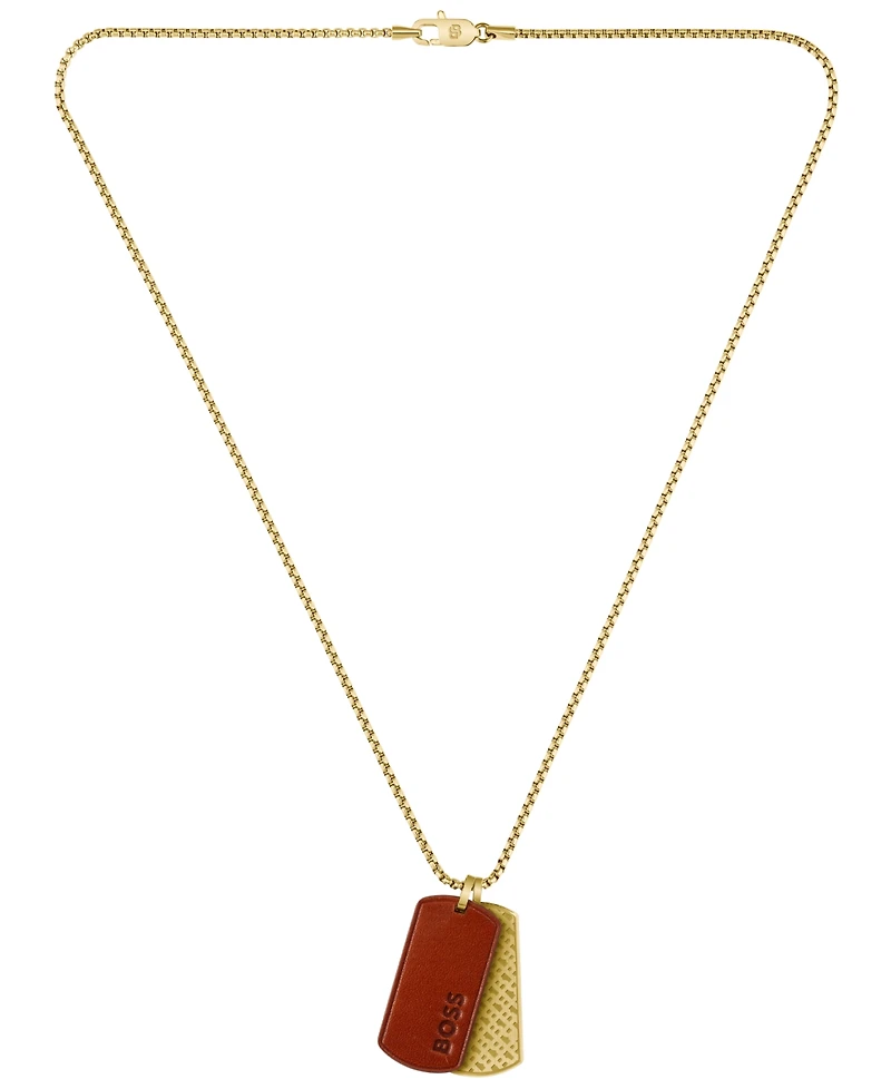 Hugo Boss Men Devon Ionic Plated Thin Gold Steel Brown Leather Necklace