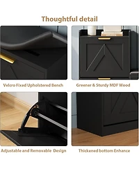 gaomon Farmhouse Entryway Shoe Cabinet with Bench & 4 Flip Drawers, Comfort Cushioned Storage Bench, Freestanding Organizer