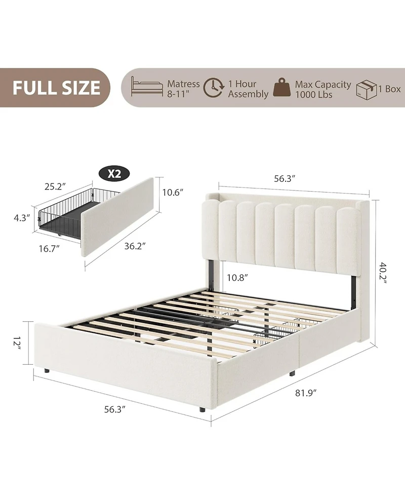 gaomon Led Full Size Bed Frame with Storage Headboard, Kids Bed Frame with 2 Drawers, Boucle Upholstered Platform Bed for Girls