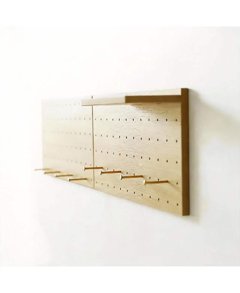 Yigii Oak Wood Pegboard Set with Shelves and Hooks for Creative Storage