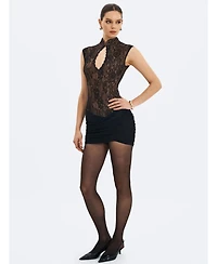 Miss Circle Women's Valerie Black Lace Teardrop Neckline Ruched Mini Dress
