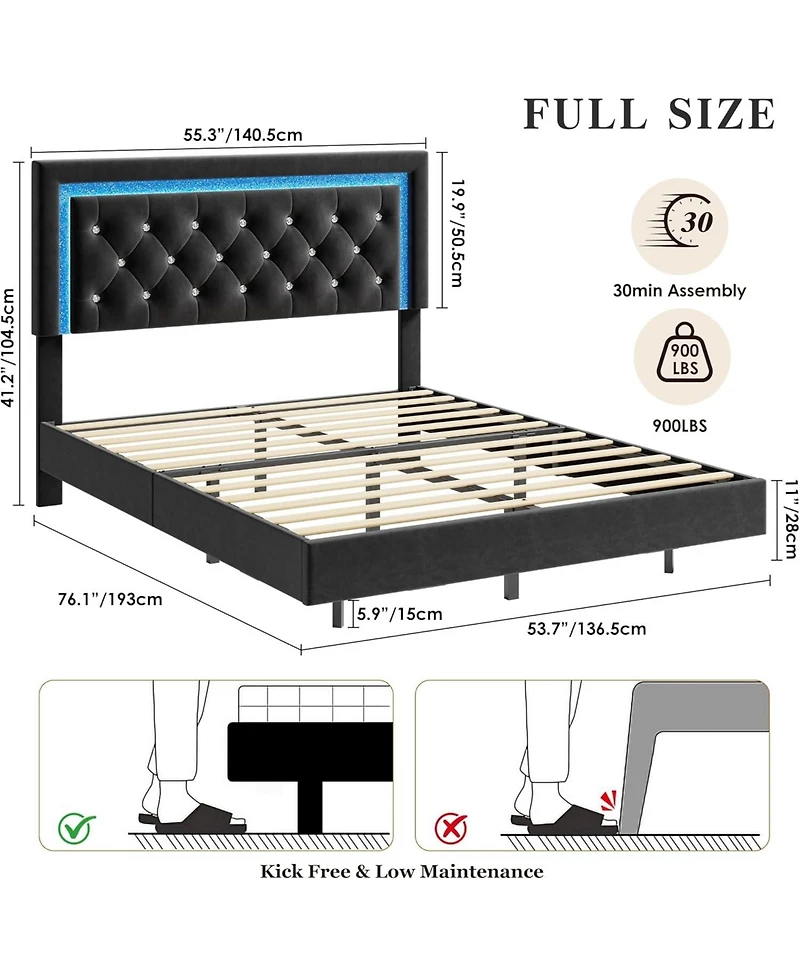 gaomon Floating Bed Frame with Smart Led Lights, Upholstered Platform Diamond Headboard, Solid Wood Slats Support