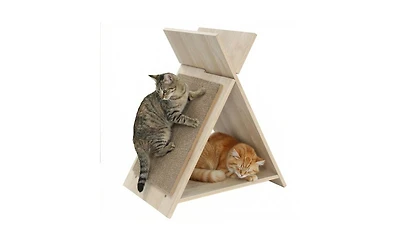 Aostirmotor Space-Saving Cat Scratcher Lounge Combo with Tunnel, 3-in-1 Multi-Level Furniture with Scratching Surface & Wooden Perch