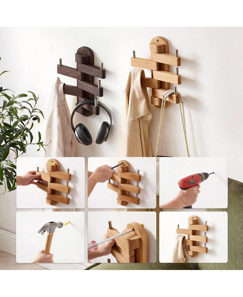 Yigii Solid Oak Swivel Coat Rack with 5 Foldable Hooks for Heavy Duty Use