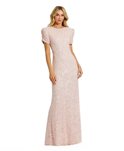 Mac Duggal Women's Petite Gathered Short Sleeve Beaded Gown