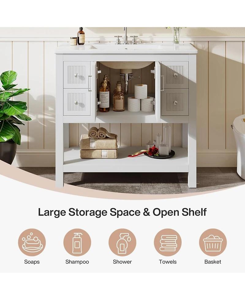 Tribesigns 36" Bathroom Vanity with Sink, Modern Freestanding Vanity with Ceramic Porcelain Basin, 2-Door Storage Cabinet & Open Shelf