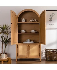 Boyel Living Arched Kitchen Pantry Cabinet, 63.39" Tall Arched Bookcase Rattan Storage Cabinet with Doors Adjustable Shelves